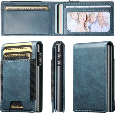 PU Leren Heren Portemonnee – Kaarthouder met Automatische Kaart Uitwerper – Pasjeshouder met Drukknop – Slimme Wallet voor Mannen - Blauw