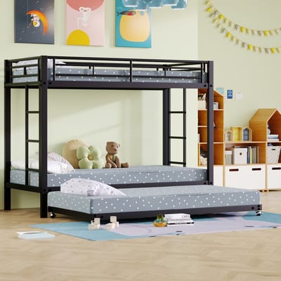 Stapelbed van 90 x 200 cm, bed met metalen frame, kinderbed, met neerklapbaar bed, hoge zijrails, EN747-gecertificeerd, stevige constructie, zwart.