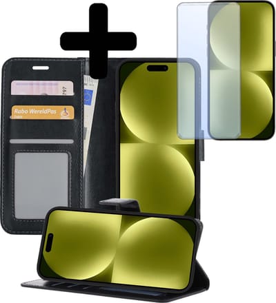Hoesje - Met Screenprotector - Geschikt voor Apple iPhone 15 - Luxe Pasjeshouder - Bookcase Portemonee - Flip Case - Kunstleer Book Case - Flipcase - Book Cover - Walletcase - Portemonneehoes - Telefoonhoesjes - Zwart