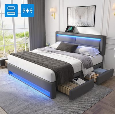 MEUNIQ tweepersoons bedframe 140 x 190 cm met LED-verlichting, USB en draadloos opladen, 4 opberglades, lattenbodem, kunstleren bekleding, grijs