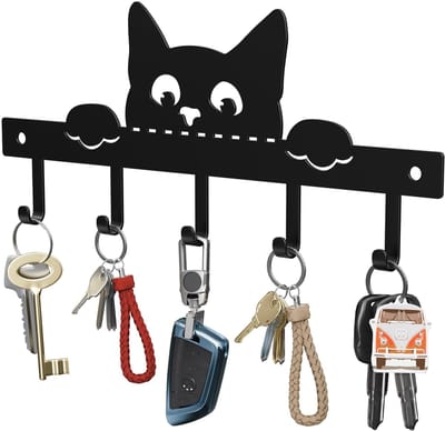 Dailygoods- Sleutelbord met Kattenontwerp - Duurzaam Sleutelrek - 5 Haken - Roestvrij Staal - Wanddecoratie - Creatief Cadeau - Sleutelhouder