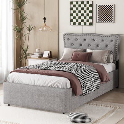 REDOM Bedframe 90x200 cm van linnen en MDF – Met verstelbaar hoofdbord (3 standen) en 2 lades – Grijs