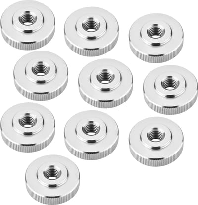 Set van 10 SOTECH M10 kartelmoeren, roestvrij staal V2A (SS304), platte vorm, DIN 467, metrische kartelmoeren met gekartelde zijkanten.
