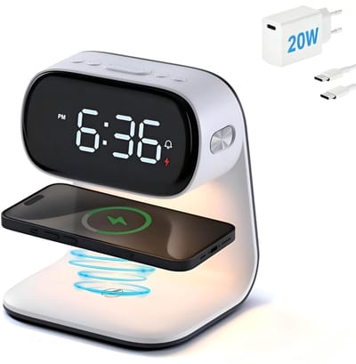 3-in-1 Draadloze Oplader met Wekker en Nachtlamp - 15W Qi Snellader - Inductief Laadstation voor iPhone Samsung Apple Watch AirPods - Digitale Klok met Instelbare Helderheid