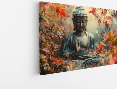 Saammp Canvas Schilderij - Boeddha tussen de Bladeren - Abstract - 45x30 - Foto op canvas - Wanddecoratie - Muurdecoratie Woonkamer - Canvas schilderijen
