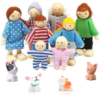 Dollhouse Dolls, 12 Pieces Dollhouse Figures Dolls Family Set Wooden Doll Toy with Cat and Dog Dolls Family Figures Bending Dolls for Dollhouse Accessories Gift