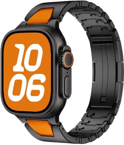 Stravo Titan Glow Metalen Horlogeband voor Apple Watch – 46mm (Series 10/11) / 45mm (Series 7/8/9) / 44mm (Series 4/5/6/SE) / 49mm (Ultra 1/2/3) – Luxe Bandje met Gereedschapsvrije Lengteverstelling – Zwart / Oranje