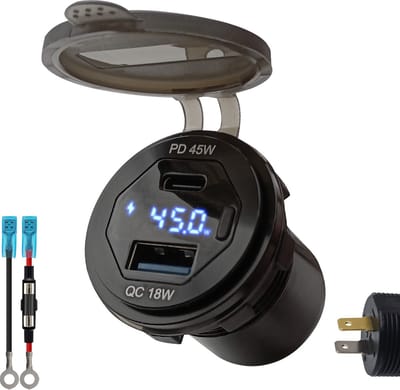 ProRide 12V USB/USB C Autolader 2 Poorten Inbouw met Schakelaar/Voltmeter - 45W/QC3.0 - met Aansluitkabel 60cm en Glaszekering 10A