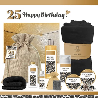 Geschenkset “25 Jaar Happy Birthday!” - 10 producten - 1410 gram | Cadeau Verjaardag - Luxe wellness cadeaubox - Giftset Speciaal voor Haar - Geschenkset Gefeliciteerd - Verjaardag - Cadeaupakket - Gift Set Party - Verjaardagscadeau Zwart - Goud