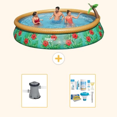 Bestway Rond Opblaasbaar Fast Set Zwembad - Paradijsprint - 457 x 84 cm - Inclusief Pomp - Onderhoudspakket - 3-delig