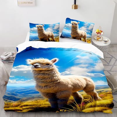 Ensemble de literie alpaga ciel bleu pour garçons et filles, Housse de couette avec 1 taie d'oreiller 75x50cm, Ensemble de literie pour adolescents et enfants pour toutes les saisons 135x200cm