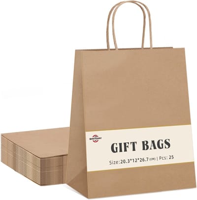SnelShoppen - 100 Stuks Kraft Papieren Cadeautassen met Handvatten - Bruine Party Bags 20x12x27 cm voor Verjaardag, Bruiloft, Kerst, Thanksgiving en F
