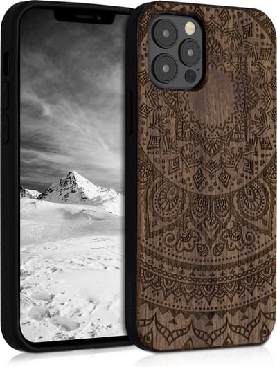 kwmobile telefoonhoesje geschikt voorApple iPhone 12 / iPhone 12 Pro - Hoesje met bumper - hout - In donkerbruin Indian Sun design