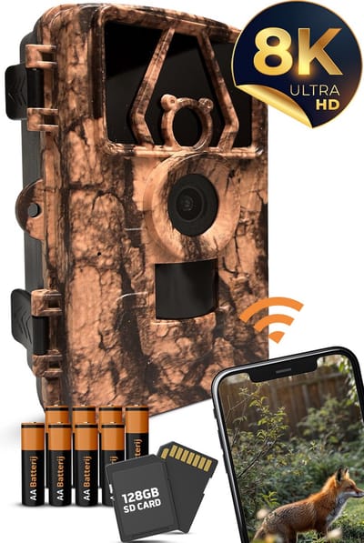 Noins® Professionele Wildcamera Pro Plus - 60 MP en 8K Ultra HD - Wildcamera Met Nachtzicht en Wifi - Met App -Wildcamera - Inclusief 8 Batterijen & 128GB SD Kaart - Wildcamera voor Buiten - Nachtcamera - Jachtcamera - Observatiecamera - Model 2024