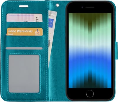 Hoesje Met Pasjeshouder - Geschikt voor Apple iPhone SE (2022) - Luxe Bookcase Portemonee - Flip Case - Kunstleer Book Case - Flipcase - Book Cover - Walletcase - Portemonneehoes - Turquoise