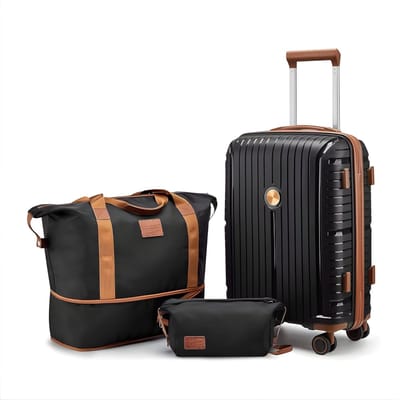 Handbagageset – Voor reizen en weekendtrips – Stevig, lichtgewicht en duurzaam met plunjezak en toilettas, TSA-slot – Zwart, duurzaam materiaal (ca. 51 cm)