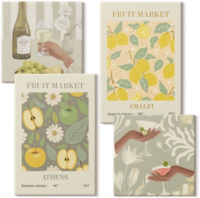 Wallfluent Set van canvas schilderijen - Fruitpatronen posters Italiaanse wijn Canvas Schilderijen Set - Set van 4 Canvas Schilderijen - Geel Set van Canvas Prints - Voedsel Canvas Kunst Set - Boheemse Canvas Kunst Set