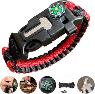 Outdoor survival Armband Rood/zwart - 5 in 1 met Vuursteen (magnesium stick), Paracord, Kompas, Noodfluit en Schraper