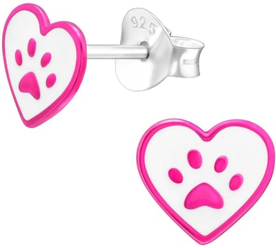 Joy|S - Zilveren hartje oorbellen - 7 x 6.5 mm - dierenpoot - roze wit - poot afdruk - kinderoorbellen