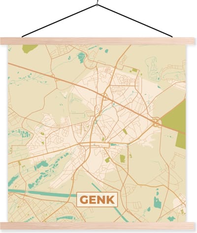 Posterhanger incl. Poster 40x40 cm - Schoolplaat - België - Kaart - Genk - Stadskaart - Plattegrond - Textielposter - Blanke latten - Stadskaart