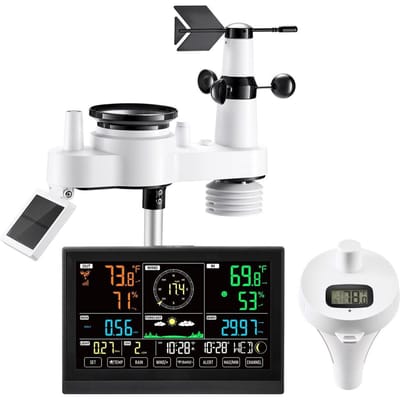 Station Météo Wi-Fi 7-en-1 avec Application, Écran de 190,5 mm, Capteur Extérieur Solaire Sans Fil, avec Thermomètre de Piscine, Pluviomètre, Intérieur Extérieur pour