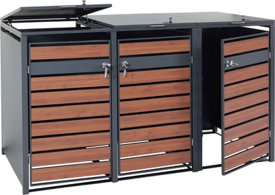 3 afvalemmerbehuizing MCW-J81, uitschuifbare afvalemmerbox, metaal 82kg, antraciet ~ kersenhout look donkerbruin