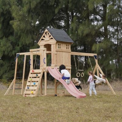 AXI Duncan Speeltoestel met Schommels, Klimrekken en Monkey Bars – Met Picknickbank - Pastel Roze Glijbaan - FSC 100% – Speeltoren voor de tuin / buiten