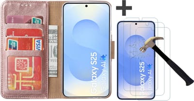 Hoesje met 3 Stuks Screenprotectors Geschikt voor Samsung Galaxy S25 – Arara bookcase met pasjeshouder - Rosegoud