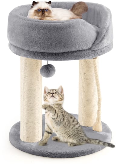 COSTWAY Krabpaal, klein, 4-in-1, krabpaal met zachte zitting & basis & bontballetjes en een touw van sisal, kattenkrabpaal van hout, kattenmeubel, klimboom, activiteitsboom, speelboom, grijs