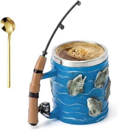 Unieke keramische koffiemok met hengel- en rollerontwerp, perfect cadeau voor vissers en vaders