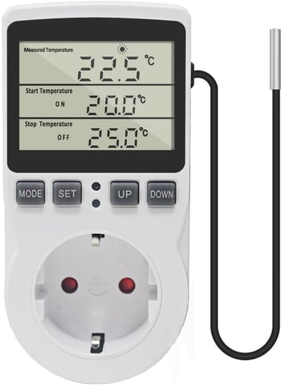 GELLDG 230V temperatuurregelaar - met sensor - digitale thermostaat met stopcontact - verwarmings-/koelschakelaar geschikt voor kassen en koelkasten - wit