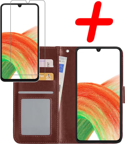 Hoesje Met Screenprotector - Geschikt voor Samsung Galaxy A33 - Luxe Pasjeshouder - Bookcase Portemonee - Flip Case - Kunstleer Book Case - Flipcase - Book Cover - Walletcase - Portemonneehoes - Bruin