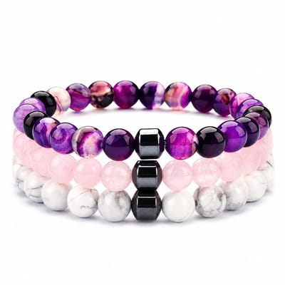XYZ Goods Armband Dames Roze, Paars & Wit - Rozenkwarts, Amethist & Howliet - 3 Stuks - Natuursteen - 19CM