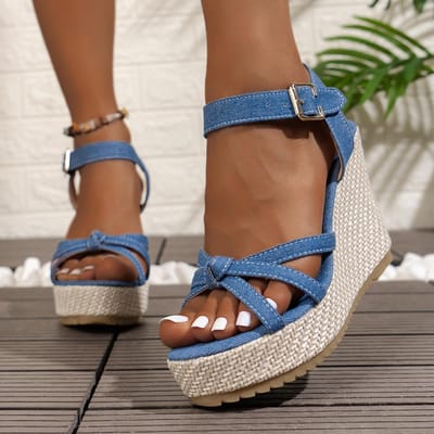 Sandalen met dikke plateauzool en sleehak voor dames Zomer Blauw Denim Strandsandalen Vrouw Grote maat 42 Enkelbandjes Hoge hakken Sandalias 38 gray