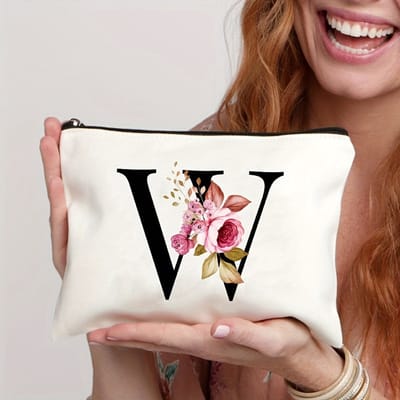 Gepersonaliseerde make-up tasjes van A tot Z - Verjaardagscadeaus - Unieke cadeaus voor bruiden en bruidsmeisjes, met bloemenmotieven, geschikt als bedankjes en voor het organiseren van cosmetica,De letter W