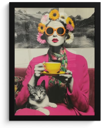 Poster in lijst - Fotolijst 30x40 cm - Posters - Vrouw - Kat - Bloemen - Kopje - Retro - Posterlijst zwart - Decoratie - Wanddecoratie woonkamer - Muurdecoratie slaapkamer