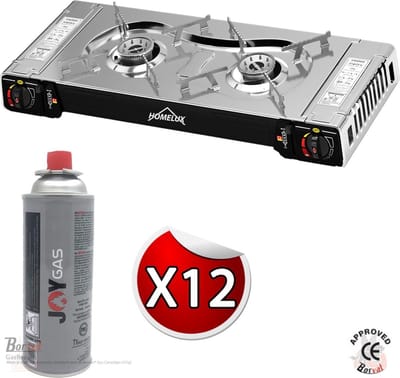 IBBO® - Camping Kookstel 2 Pits - Kooktoestel - Kampeer kookstel - Gasstel - Kookplaat - Elektronische ontsteking - 2 Pits - Twee pits gasfornuis - RVS - Zilver - Inclusief 12 Gasflessen Gratis