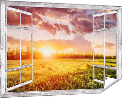 Gards Tuinposter Doorkijk Zonsopkomst in het Veld - 150x100 cm - Tuindoek - Tuindecoratie - Wanddecoratie buiten - Tuinschilderij