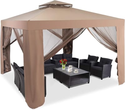 Tuinpaviljoen Met Gordijn - Feesttent Dubbel Dak - Buitenfeesten & Ontspanning - Waterdicht Stabiel Frame - 3x3 Meter - Bruin Beige