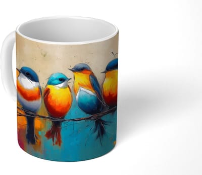 Mok - Koffiemok - Vogels - Kleurrijk - Tak - Abstract - Mokken - 350 ML - Beker - Koffiemokken - Theemok