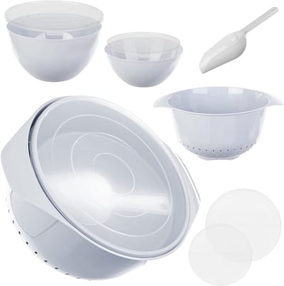 KADAX kunststof komset – mengkommen met deksels 1,5 l & 3 l, schep & 3,5 l keukenzeef – stapelbare keukenaccessoires voor bakken, koken, afwassen & bewaren (grijs)