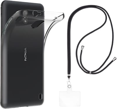 Set met hoesje en nekband voor nokia 2 - Flexibele, transparante TPU-bescherming, verstelbare universele nekband voor mobiele telefoons, zwarte nekband, transparante draagriem van Phonillico®