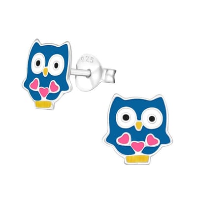 Aramat Jewels | Oorbellen | Schattige Zilveren Uiltjes Oorbellen - Blauw Emaille - Vrolijk | | | |7mm | Zilver | Kinderen | Verkleurd niet