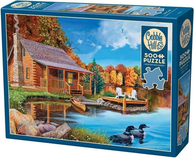 Cobble Hill 3845067 Loon Lake, 500 stukjes puzzel incl. puzzelposter voor volwassenen en kinderen vanaf 12 jaar, landschapspuzzel, herfst, meer, blokhuis