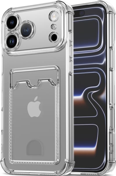 YPCd Pasjeshouder Hoesje Geschikt voor Apple iPhone 17 Pro Max – Backcover met Kaartvak voor 2 pasjes – Shockproof TPU – Verhoogde Randen – Transparant