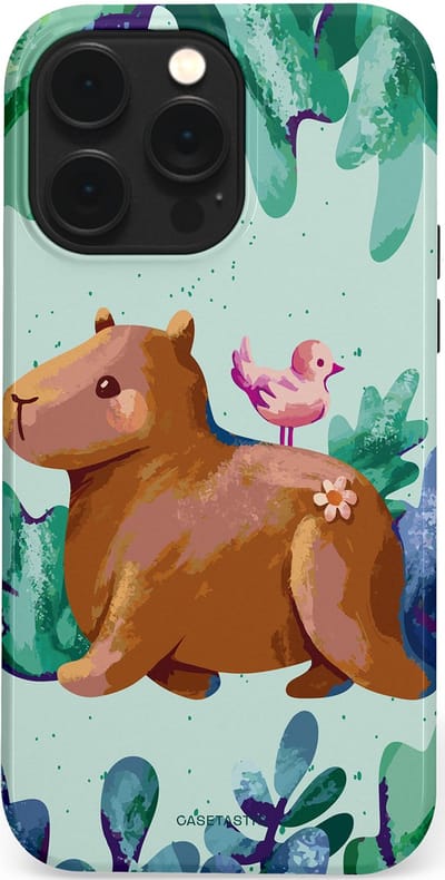 Casetastic Hoesje Geschikt voor Apple iPhone 14 Pro Max Magsafe - Stijlvolle Beschermende Duo-layer Case - Capibara Vogeltjes Vriend