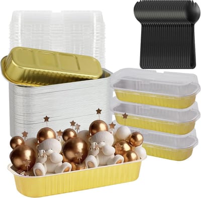 50x Mini Broodvormpjes Rechthoekig Goud met Deksel en Vorkjes - Flexibel Bak- en Serveergerei