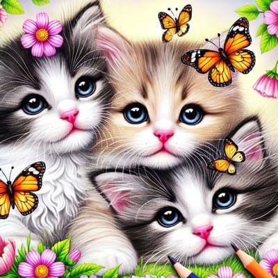 diamond painting schattige poesjes en vlinders en bloemen. 30 x 30 cm