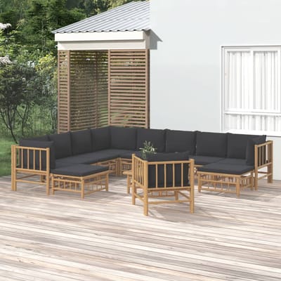 vidaXL - 12-delige - Loungeset - met - kussens - bamboe - donkergrijs