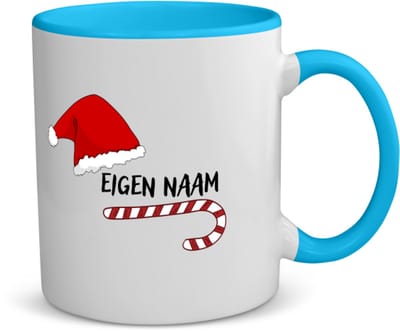 Akyol - kerst zuurstok en kerstmuts met eigen naam koffiemok - theemok - blauw - Kerstmis - kerst beker - winter - kerst - christmas - kerst cadeau - 350 ML inhoud